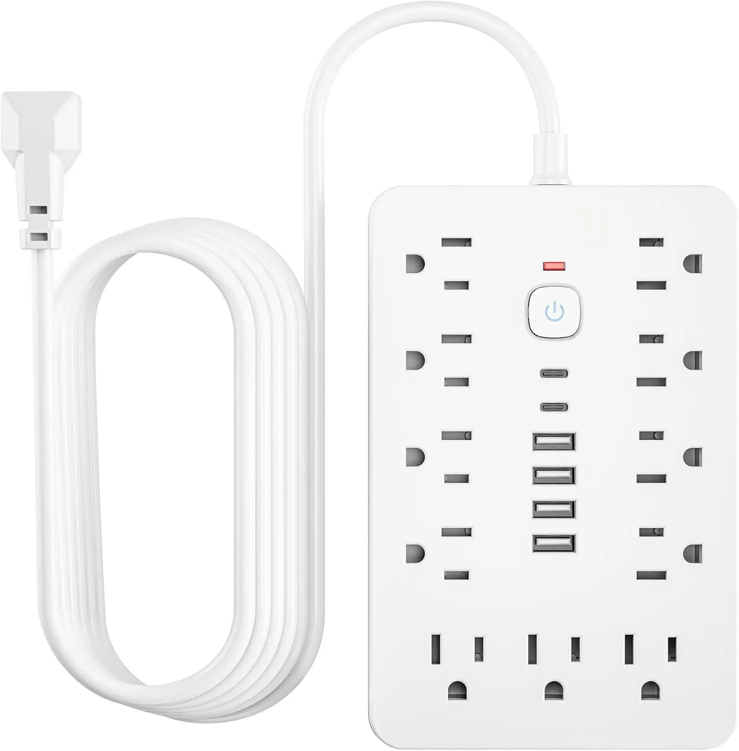 6 FT Flat Plug Surge Protector Power Strip,11 Multiple AC Outlets with 6 USB Ports (2 USB C), 6  Extension Cord, 1250W/10A, One Touch  Button, 17 in 1 Compact powerstrip-White