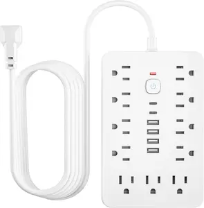 6 FT Flat Plug Surge Protector Power Strip,11 Multiple AC Outlets with 6 USB Ports (2 USB C), 6  Extension Cord, 1250W/10A, One Touch  Button, 17 in 1 Compact powerstrip-White