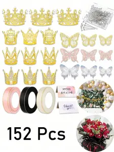 152pcs 3D Butterfly Crown Greeting Card Ribbon Bouquet Pins, Wedding Birthday Party Decorations, Unique Birthday Gifts, Gift Wrapping Accessories