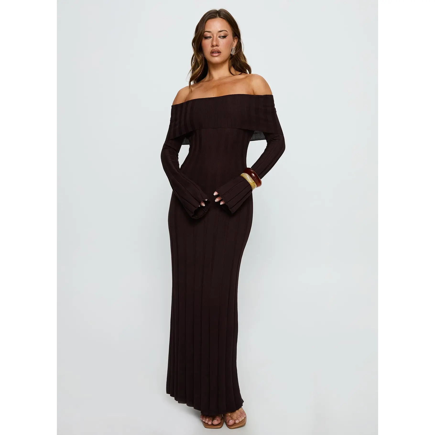 Ellouisa Long Sleeve Rib Maxi Dress Chocolate - TikTok Shop