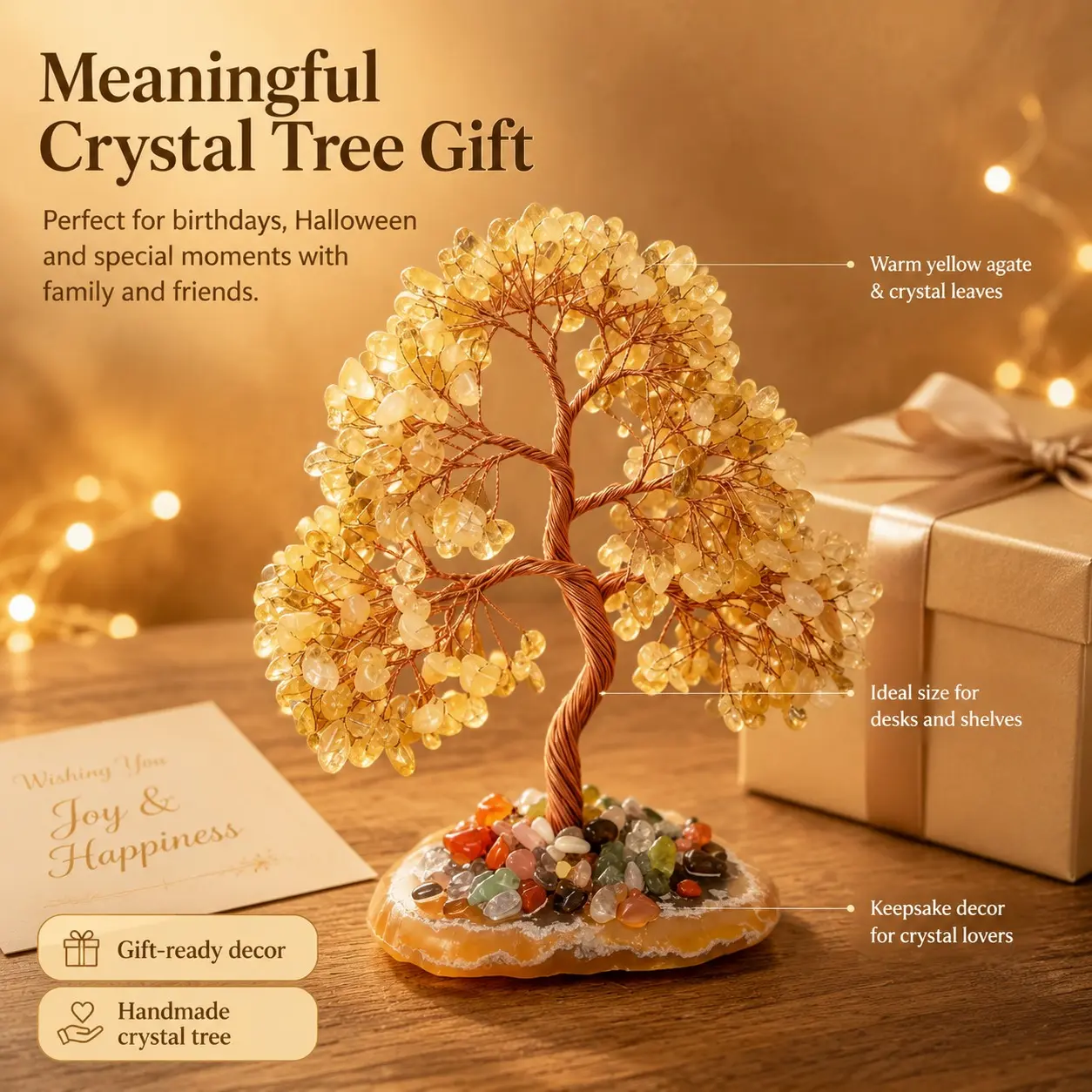 A natural high-quality agate base yellow crystal tree ornament, a crushed stone wealth tree, can be used for home decoration, entrance decoration, and a thoughtful gift for friends and family