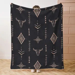 Retro Western Style Flannel Throw Blanket - Soft Comfortable Digital Print Polyester Knitted Throw for Bed, Sofa, Office, Camping - Mid Century Design with Bull & Geometric Patterns - All Seasons