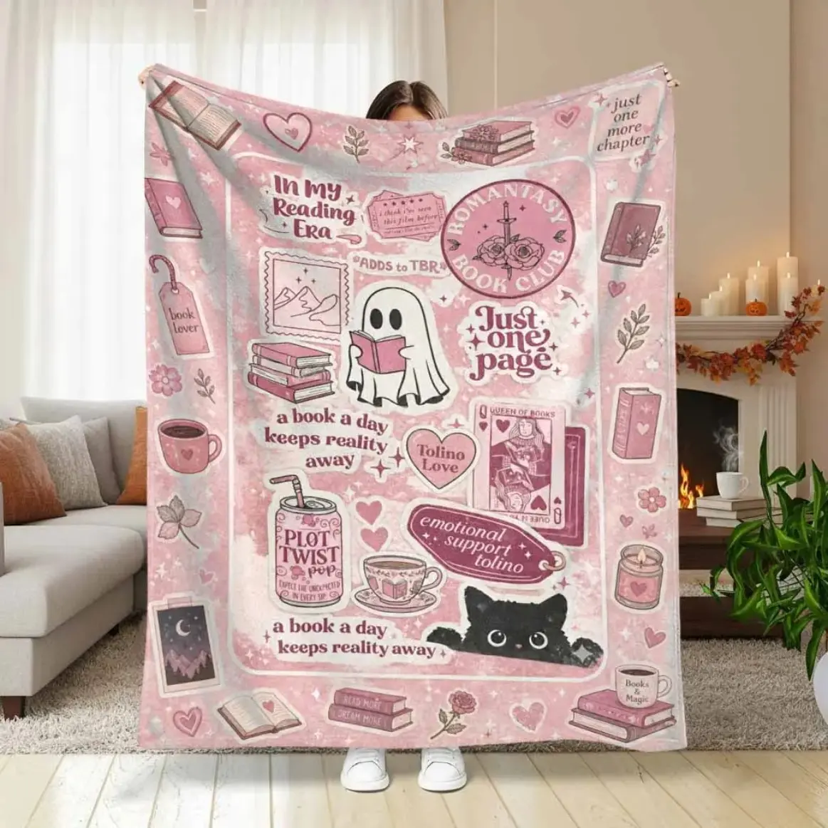 Romantasy Reading Era Flannel Blanket, Book Lover and Ghost Reading Print, Soft Cozy Warm Reversible Plush Throw for Adults and Kids, Bedroom Sofa Office Reading Corner Coffee Shop Book Club Gift Decor