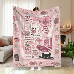 Romantasy Reading Era Flannel Blanket, Book Lover and Ghost Reading Print, Soft Cozy Warm Reversible Plush Throw for Adults and Kids, Bedroom Sofa Office Reading Corner Coffee Shop Book Club Gift Decor