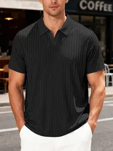 New Men's Solid Color Ribbed Knit Polo Shirt V-Neck Lapel Casual Classic Short Sleeve Top, Suitable for Summer Casual Sports Men's Menswear