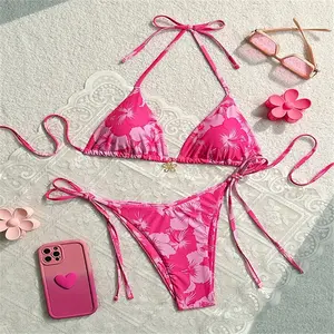 Flower Print Bikini Set Pink Swimsuit Push up Triangle String Backless Bikini Swimwear Women Beach Bathing Suit KUKAKEY