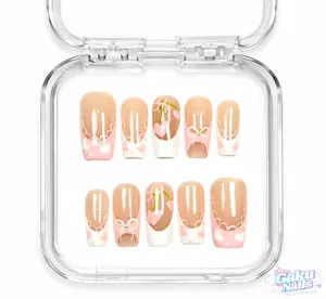 GakuNails CHERRY LACE 10 PCS Medium Square Handmade Press On Coquette French Tip Builder Gel selectable size Reusable Nails