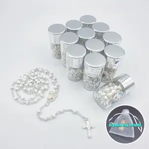 US LUOKASI 4/12pcs Baby Shower Gifts for Guests White Wooden Beads Rosary in Silver Cap Glass Jar Recuerdos De Bautizo Quinceanera Wooden Beaded Christening Quinceanera Holy Communion Gifts