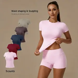 Snatched Slim Fit Workout Set for Women Round Neck Stretchy Yoga Gym Outfit Flattering Body Contouring Athletic Wear Waist-shaping & Sculpting