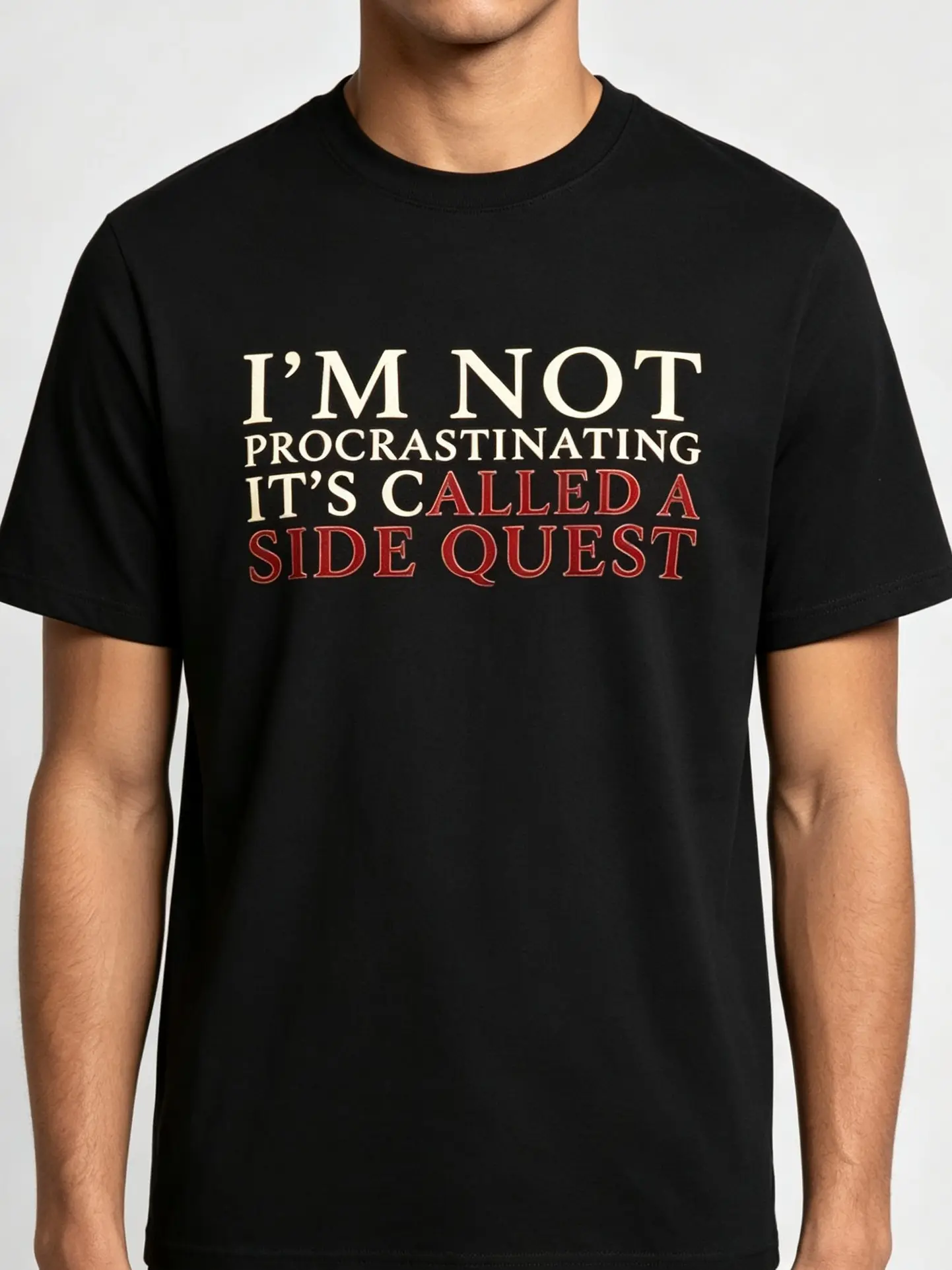Men's T-shirt I'm Not Procrastinating It's Called A Side Quest Gamer Funny Text Print Men Casual Black Short Sleeve Tee # outfit men vacation outfit # oversized cotton graphic tee # y2k casual streetwear