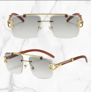 Luxury Gold Rimless Sunglasses with Wooden Arms & Gradient Lenses Carter