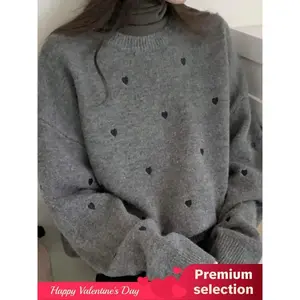 Women’s heart-embroidered drop-shoulder sweater, casual long-sleeve crewneck jumper for autumn and winter, fashionable ladies’ knitwear for daily wear and Valentine’s Day, sweaters for women, gift