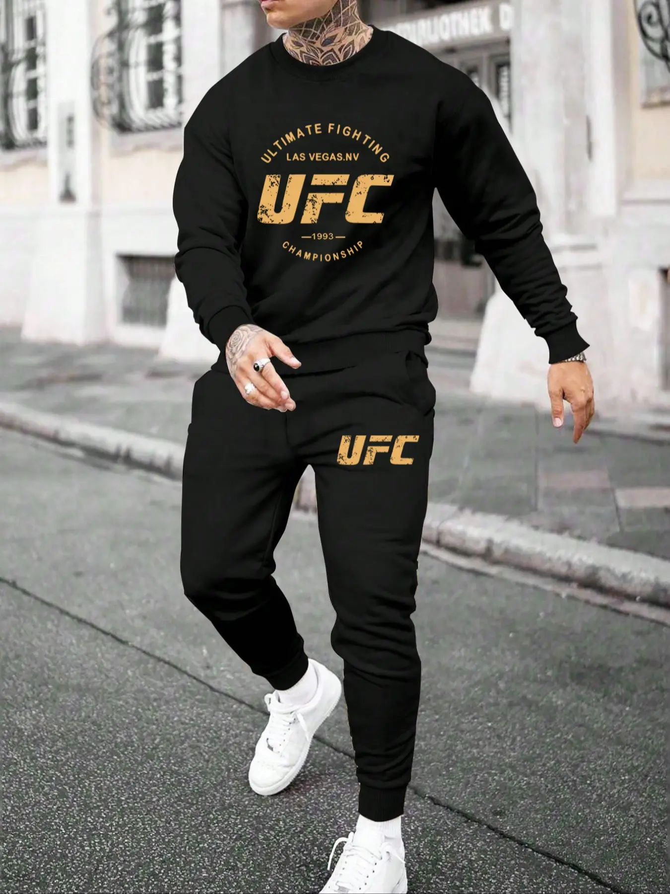 Men's Cartoon UFC Print Sweatshirt & Pants Set, Casual Long Sleeve Round Neck Pullover & Jogger Pants for Fall & Winter, Men's Outfits for Daily Wear