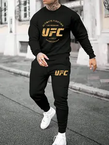 Men's Cartoon UFC Print Sweatshirt & Pants Set, Casual Long Sleeve Round Neck Pullover & Jogger Pants for Fall & Winter, Men's Outfits for Daily Wear