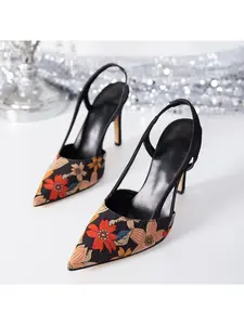 Floral Print Pointed Toe Slingback Thin High Heels Women Elegant Dress Pumps Elegant Sandals