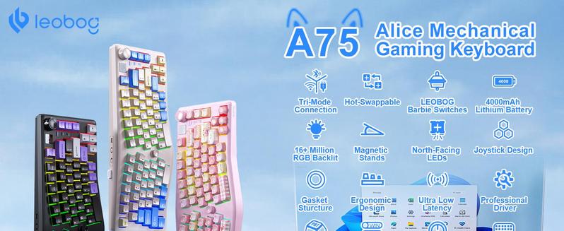 【NEW】LEOBOG*AULA Alice Keyboard, Bluetooth/2.4G Wireless/Type-C Ergonomic Pink Creamy Keyboard with RGB Functional Knob Joystick, 75% Layout Hot-Swappable Custom Keyboards for Win Mac Xbox PC Gamer
