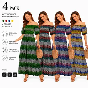 Women’s Casual Off Shoulder Long Dress 4 Pack, Bohemian Flowy Maxi Dresses for Travel, Resort & Beach, Sizes M-XL