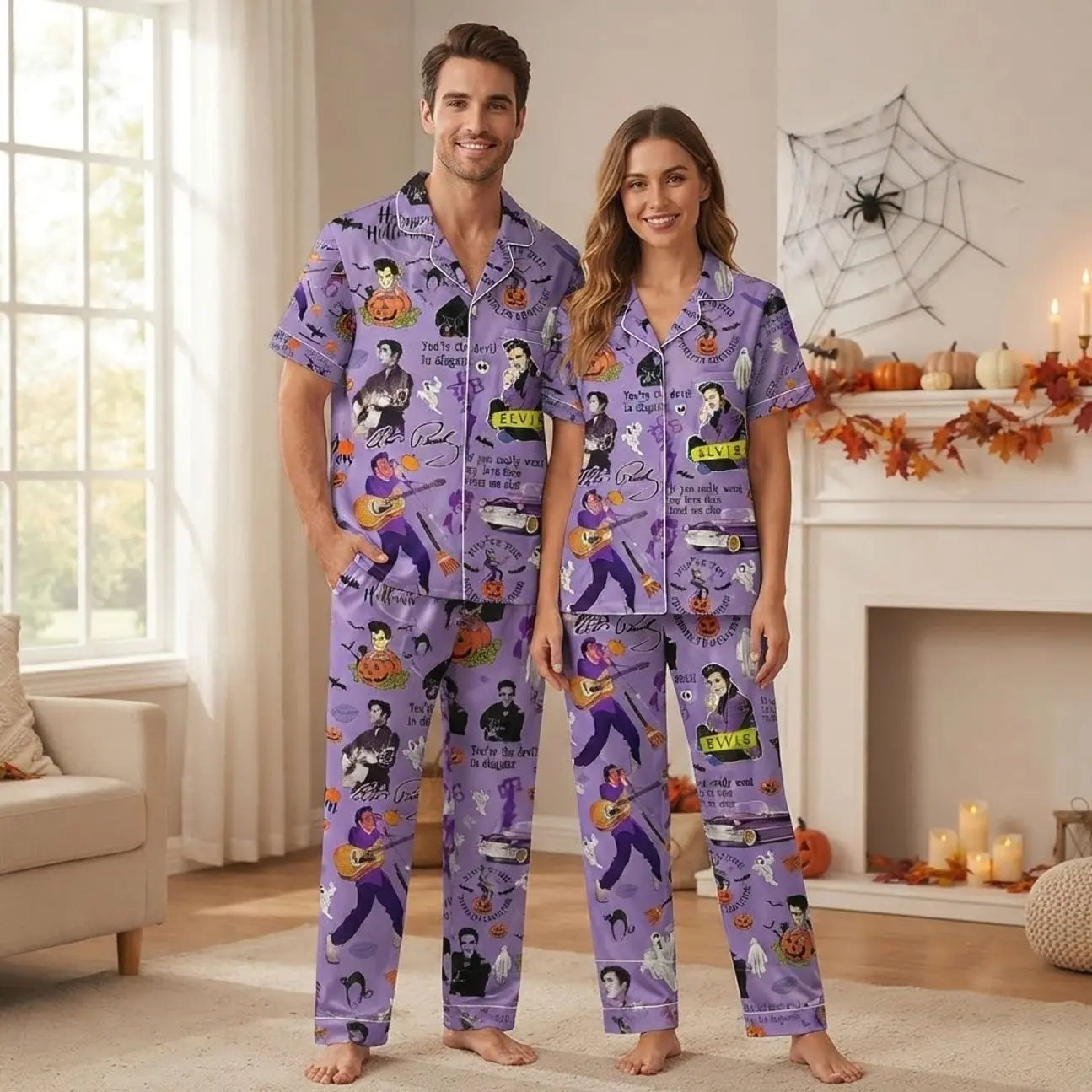 Elvis Presley Purple Matching Couples Pajama Set Short Sleeve Satin PJS