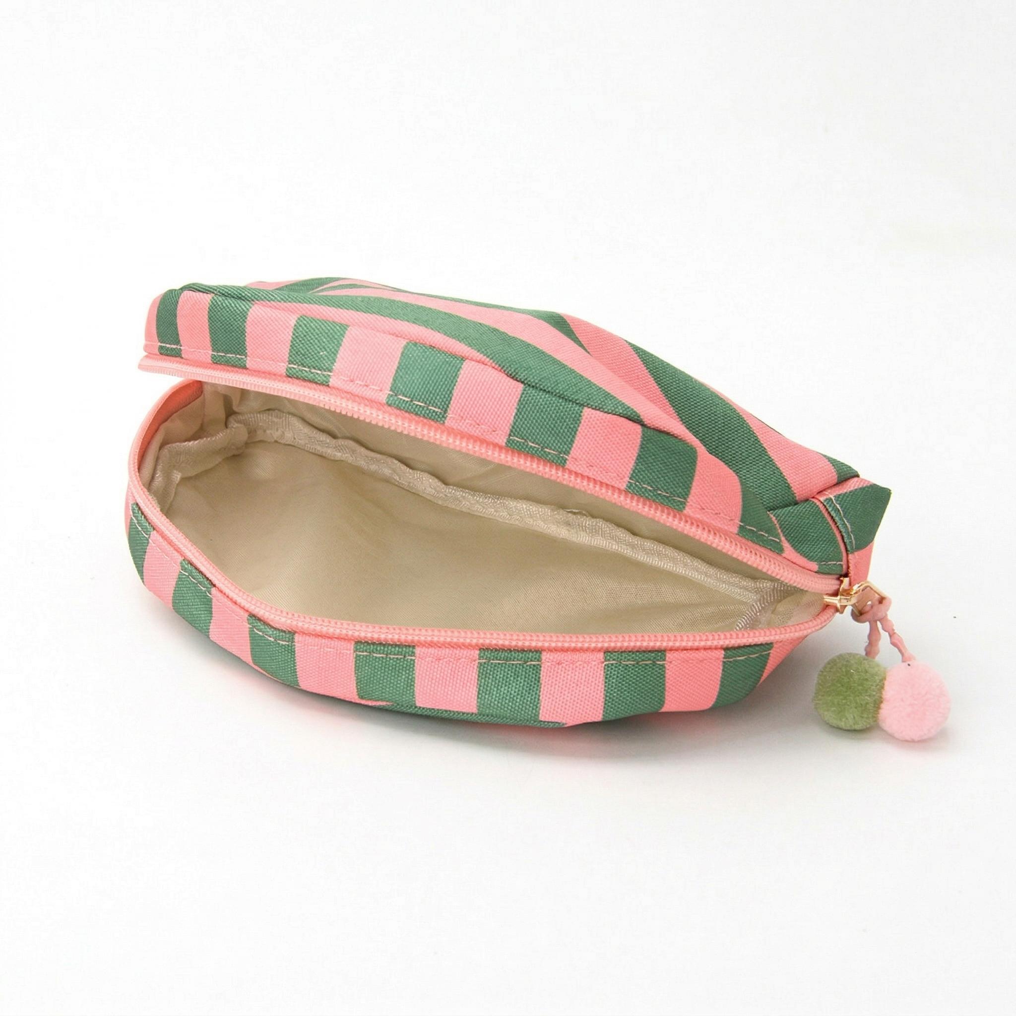 Striped Half Moon Makeup Bag, Preppy Canvas Cosmetic Pouch with Cute Pom Pom Zipper, Large Travel Toiletry Organizer, Aesthetic Skincare Storage Bag for Women & Teen Girls