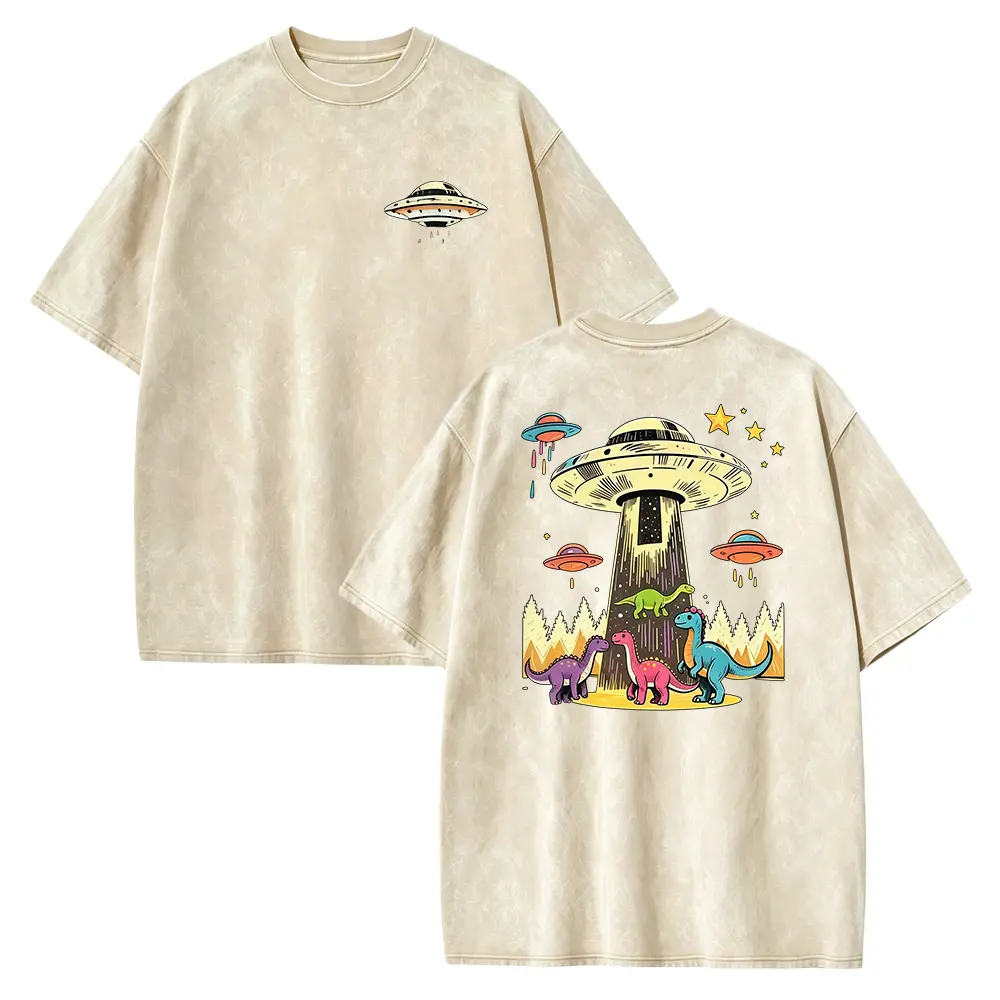 Washed-Vintage Washed Mint Green Nostalgic Sci-Fi T-Shirt - Oversized Crew Neck Short Sleeve T-Shirt with UFO And Dinosaur Prints, Suitable for Daily Casual Wear And Summer Adventures