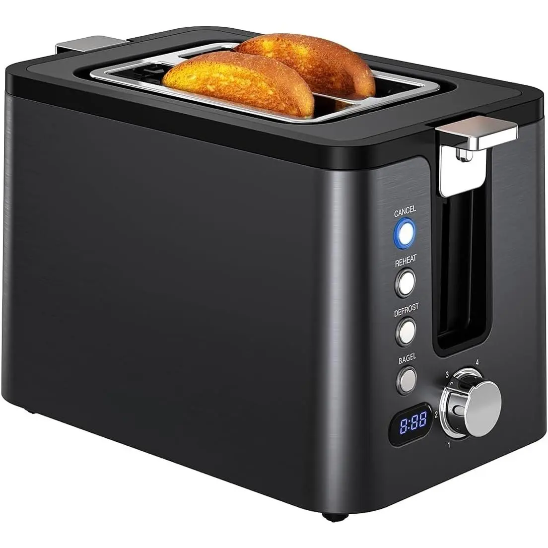 Toaster 2 Slice Stainless Steel , Timer, Bagel, Defrost, Reheat, Cancel Functions, Warming Rack, Removable Tray, 6 Browning Settings, Extra Wide Slots, Bread Toaster, 120V 800W Black