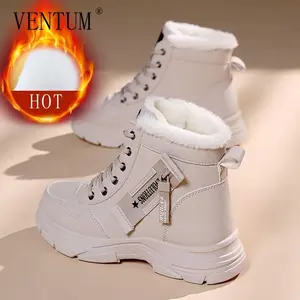 Women's Side Zipper Winter Thermal Snow Boots With Fleece Lining, Height Increasing Platform Thick Sole Comfortable Lace Up Mid Tube Boots