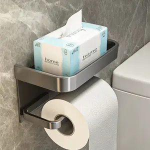 Gunmetal gray space aluminum tissue holder for bathroom, no-drill required, roll paper rack, storage shelf, toilet phone holder