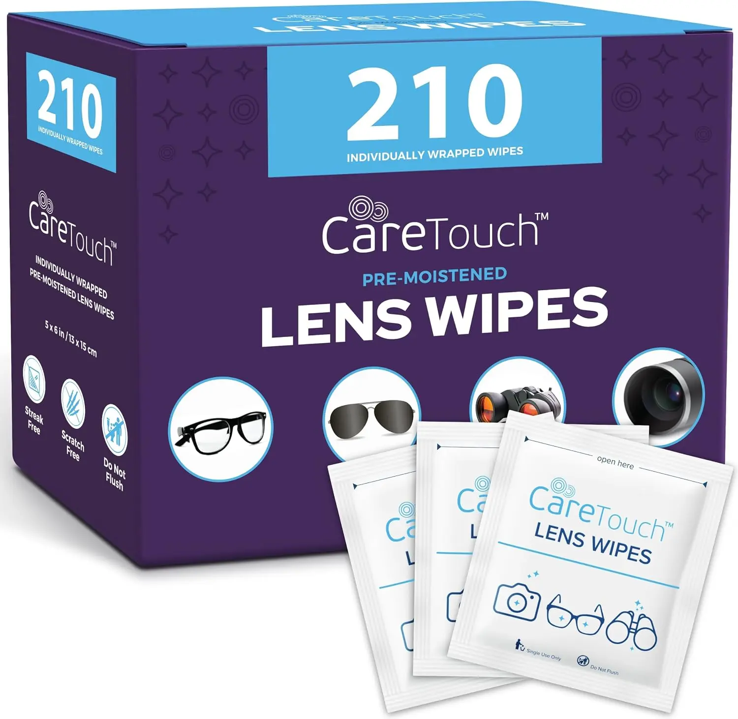 210-Count Pre-Moistened Individually Wrapped Lens Wipes, Scratch-Free Streak-Free Cleaner for Eyeglasses, Sunglasses, Camera Lenses