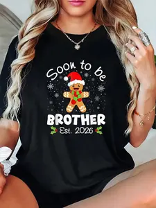 Women's Graphic T-Shirt - Unisex 100% Cotton Short-Sleeve Breathable Cute Everyday Tops, 2026 Est Soon to Be Brother Gingerbread Christmas Print, Casual Relaxed Fit for Family Matching