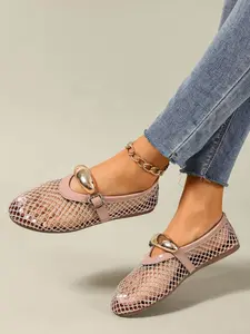 Women's Summer Sandals Round Toe Flat Shoes Hollow-Out Design Comfortable Breathable Casual Metal Buckle Slip-On Fashion Footwear Lightweight Breathable Footwear Summer Flats