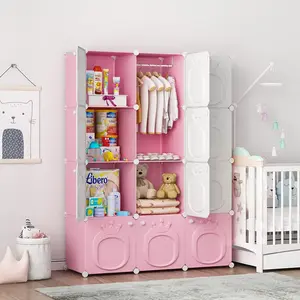 Wardrobe Closet, Closet Cabinet with Door. Girls Closet Armoires Organizer for Bedroom.Two Open Hanging  Costume Area and 8 Cube Stroage.Pink(42x14x56inch)