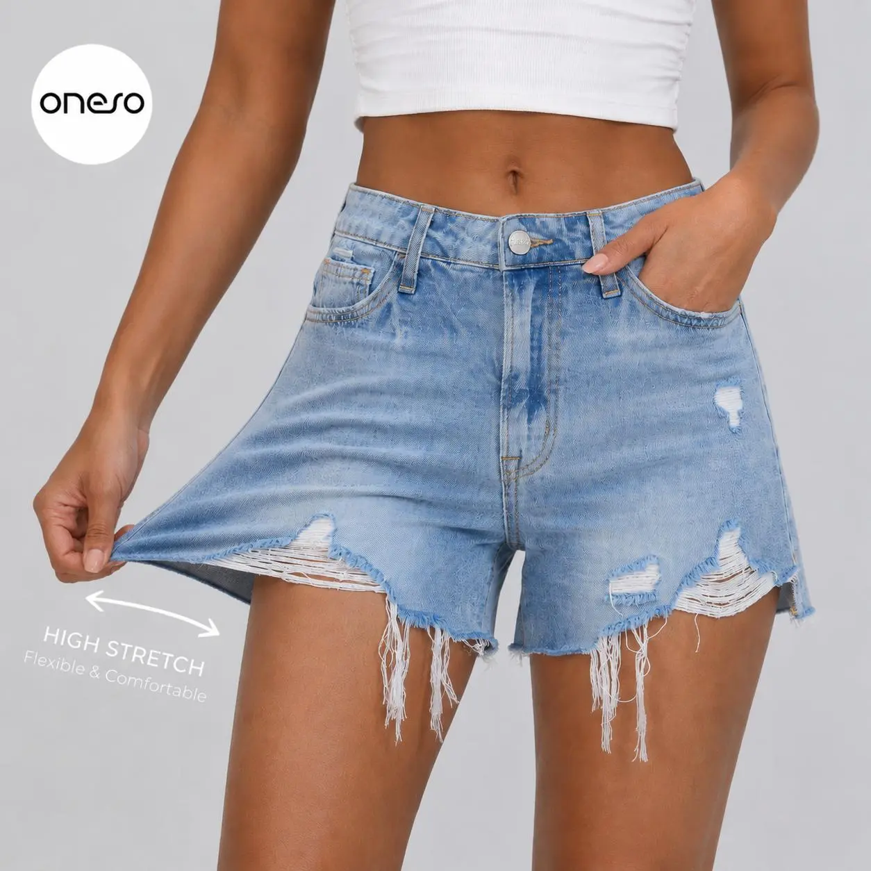 ONESO Women's High-Rise Stretchy Cotton Handmade Denim Jean Shorts - Ripped, Frayed Raw Hem, Above Knee, Button Detail, Unique Pair Basic Streetwear Bottom - Valentine's Day Summer Casual Outfit, Valentines Day, Buttons, Beach, Holiday, Daily, Do Not Blea