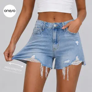 ONESO High Rise Stretchy Jean Shorts Ripped Frayed Raw Hem Summer Womenswear Distressed Beach Casual Daily Outfit