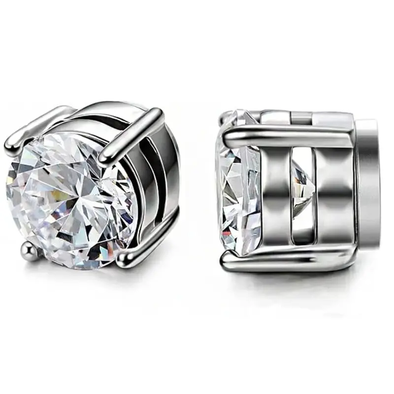 Unisex Magnetic Non-Pierced Earrings - 2-Pair Hypoallergenic Stainless Steel AAA+ CZ Clip Earrings, 8mm Fashion Ear Jewelry for Men, Beach Accessories