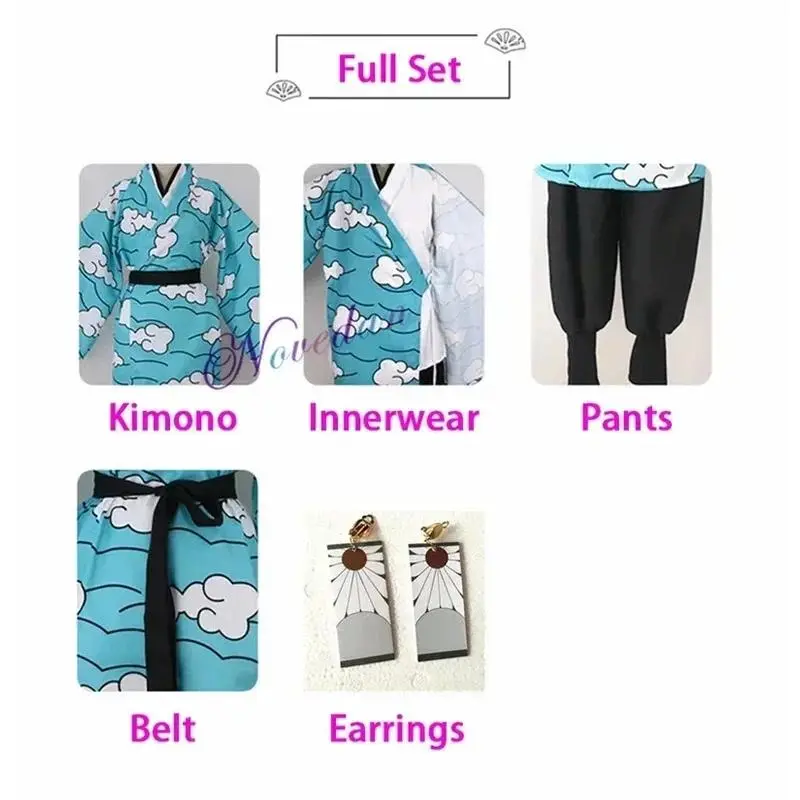Anime Kamado Tanjirou Urokodaki Sky Blue Cloud Uniform Kimono Women Men Halloween Costume Wig Mask Props