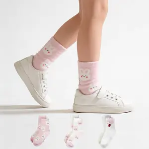 Three pairs of women's plush mid-calf socks, size 4-5 (for small feet), featuring a cute rabbit pattern. These warm mid-calf socks are suitable for everyday wear, comfortable and casual knitted socks for autumn and winter.  Not suitable for larger sizes.