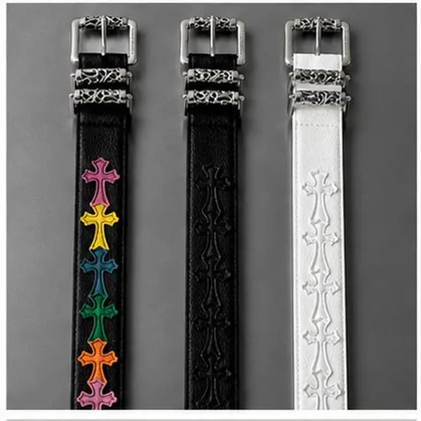Unisex Adjustable Strap Belt - 110cm Length, Vintage Engraved Buckle, Roller Keepers, Repeating Crosses Design, Suitable for Casual Wear