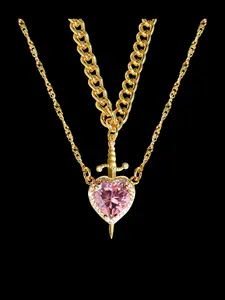 Two Piece Set European Style Minimalist Design Luxury Zircon Heart Dagger Pendant Necklace, Layered Chain Lock Bone Jewelry Gift for Women
