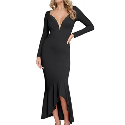 chinese dress ladies Long Sleeve Maxi Dress for Women Floral Lace V Neck Split Mesh See Through  Summer Maxi Dress,Black,S at Amazon Women's Clothing store