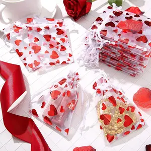 Valentine's Day gauze bags, heart-shaped candy bags, jewelry bags, drawstring bags, packaging Valentine's Day classroom gifts, wedding and festival party supplies, heart-shaped gauze bags, drawstring bags, Valentine's Day gift bags