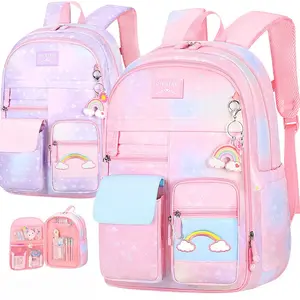 Gradient Color Backpack, Cute Cartoon Large Capacity School Backpack Double Shoulder Backpack, Casual Outdoor Bag