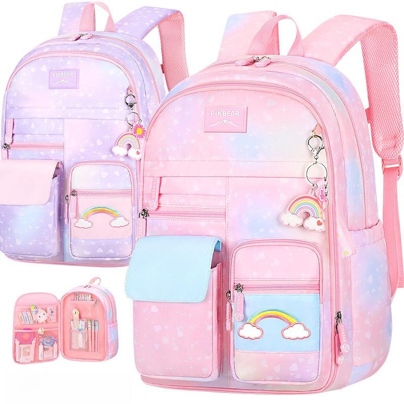 Gradient Color Backpack, Cute Cartoon Large Capacity School Backpack Double Shoulder Backpack, Casual Outdoor Bag