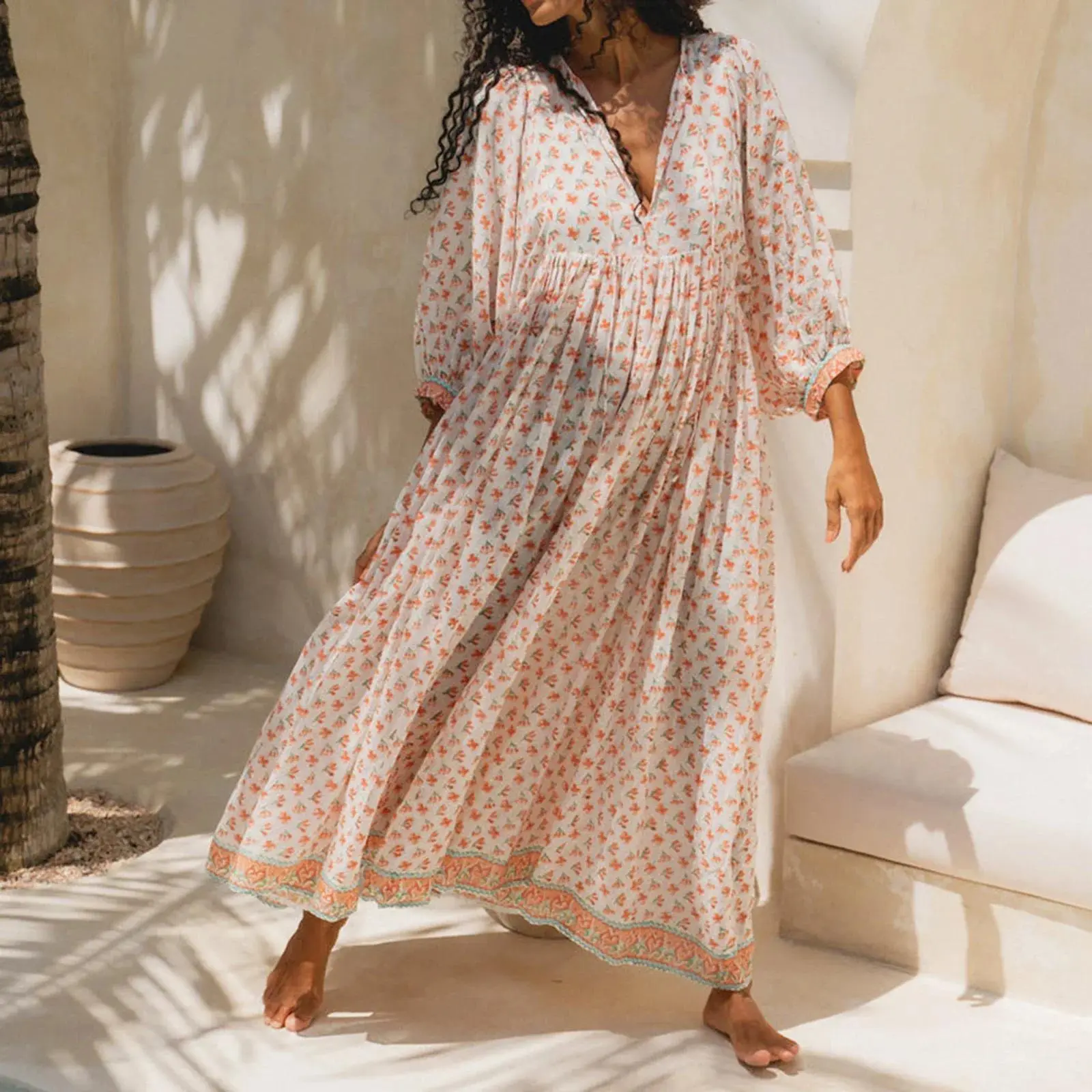 Women Floral Maxi Dress Y2k Boho Printed 3/4 Lantern Sleeve V Neck Dress Holiday Beach Loose Swing Sundress Party Clubwear