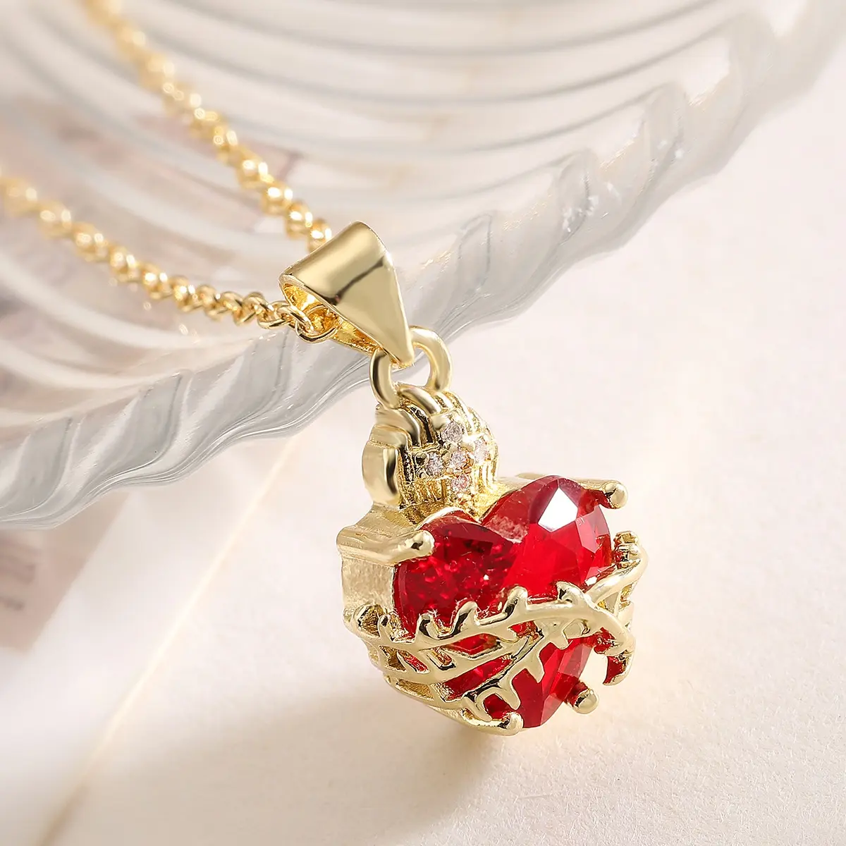 18K Gold Plated Sacred Heart of Jesus Necklace,Red Cubic Zirconia - Hypoallergenic Thorn Chain Necklaces ,Statement Jewelry, Gift for Women