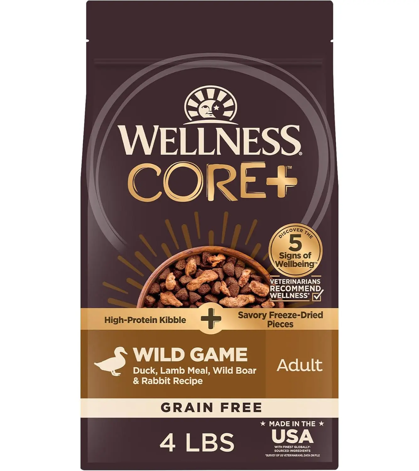 Wellness CORE+ Adult Dry Dog Food with Freeze Dried Pieces, Grain Free Kibble+, Natural, High Protein, Wild Game Duck, Lamb, Boar, and Rabbit Recipe, 4 lb Bag