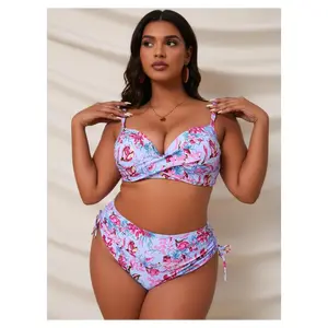 Plus Size Swimsuit for Women - Floral Print Two Piece Bathing Suit - Drawstring Bikini Separates - Adjustable Swim Top & Bottom - Summer Beach Pool Swimwear