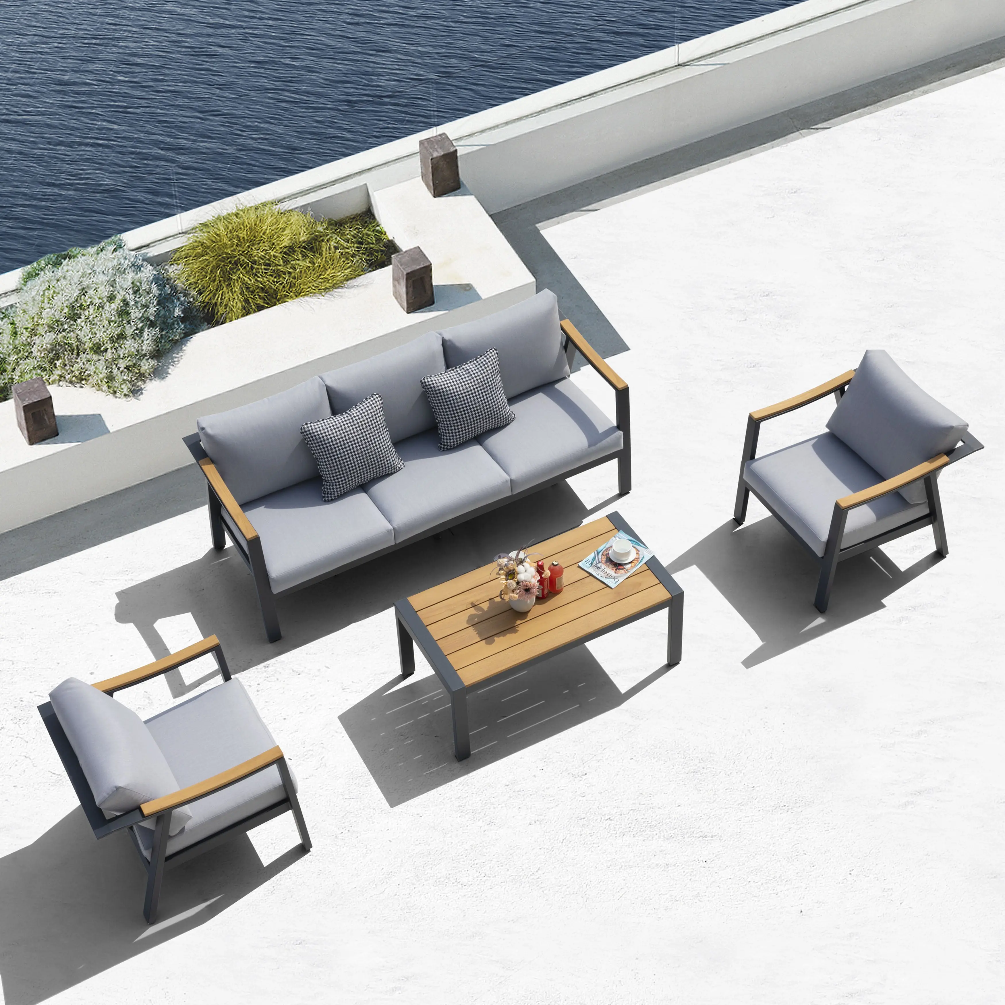 Outdoor 4-Piece Aluminum and Teak Sectional Sofa Set with Gray Cushions