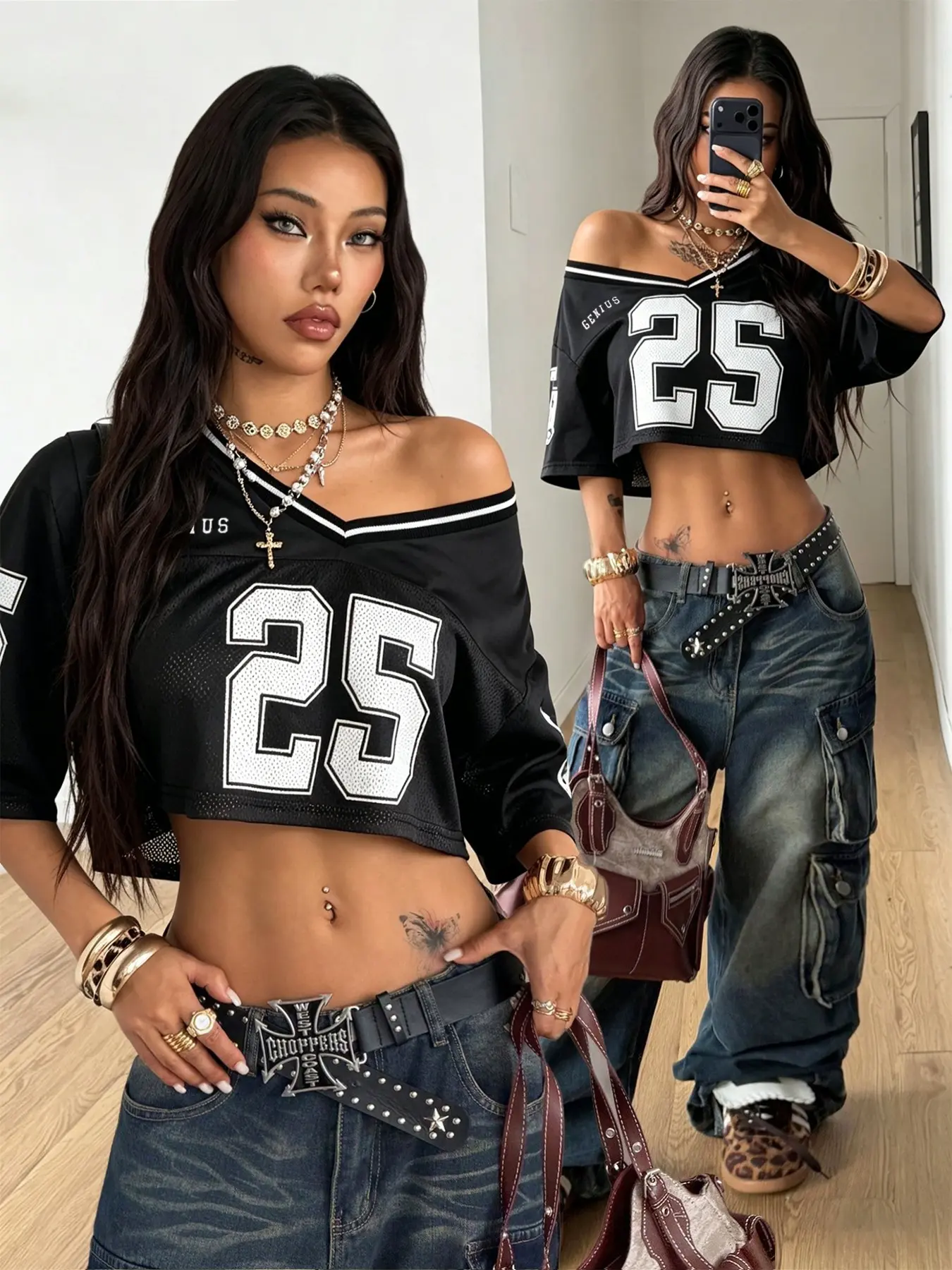 Women's Black 25 Print Mesh Cropped Football Jersey, V-Neck Short Sleeve Athletic Top, Streetwear Sport Top for Street Style & Casual Outfits, Sports Top