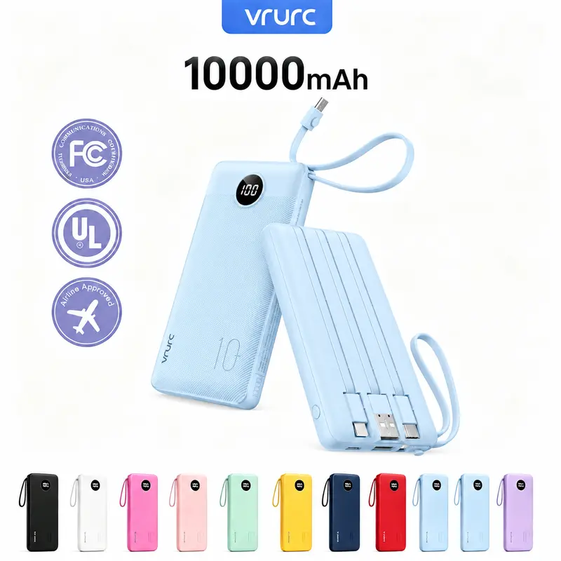 VRURC 10000mAh Lightweight Power Bank with 4 Built-in Cables, LED Display, USB-C & Micro USB Recharge, 4 Outputs, Smart Chip Guards Devices, Multi-Device Mobile Charging Accessory for iPhone, Android, International Travel