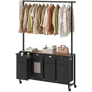 Laundry Sorter 4 Section, Rolling Laundry Hamper with Rack, Laundry Sorter with Wheels, Hampers for Laundry, Laundry Basket Organizer for Laundry Room, Rustic Brown LS47BR